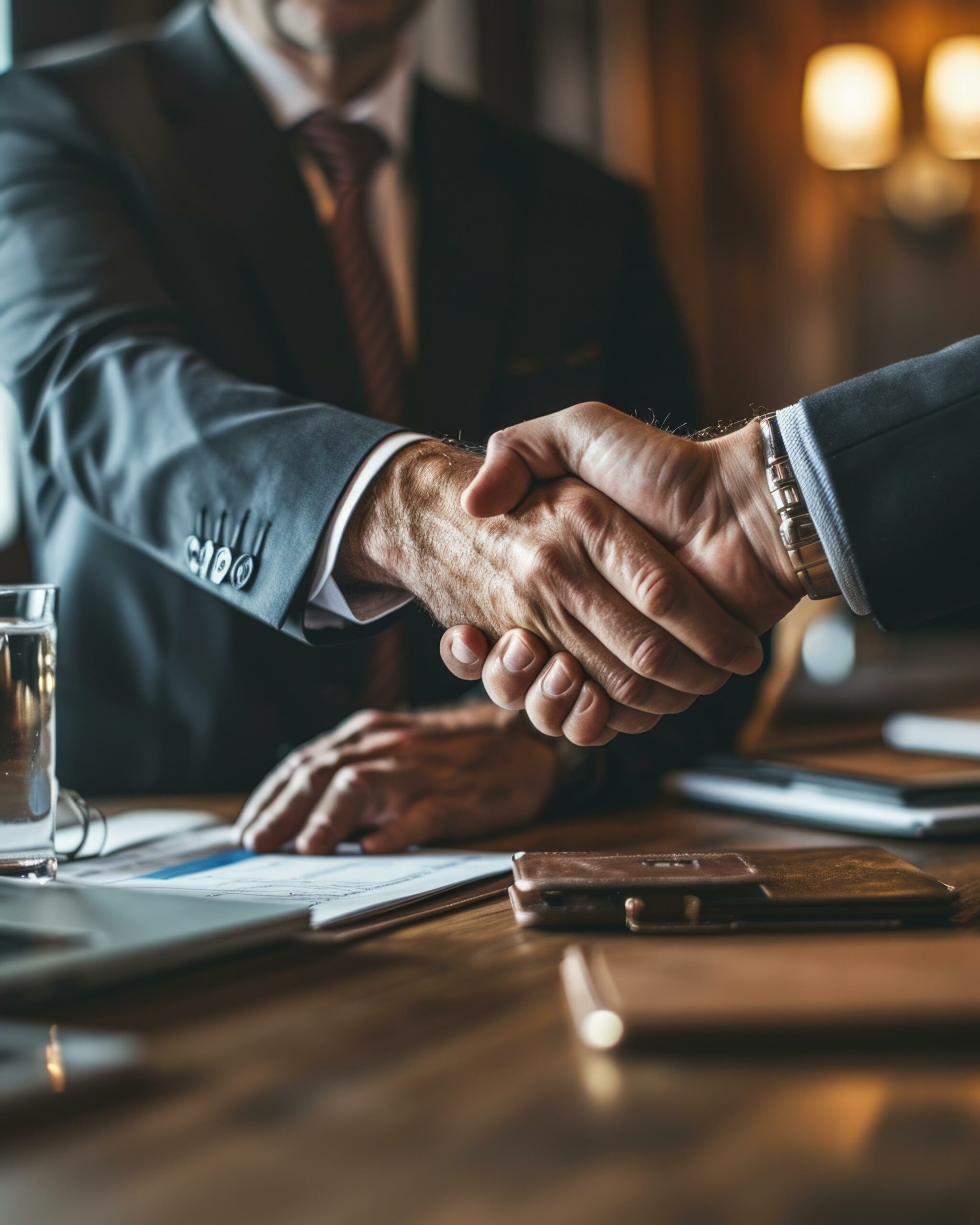 Two business people shaking hands over a table