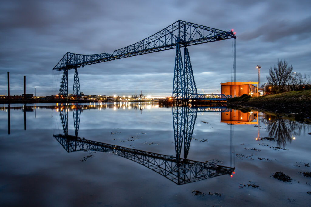 Transporter bridge reflections at night teesside Middlesbrough