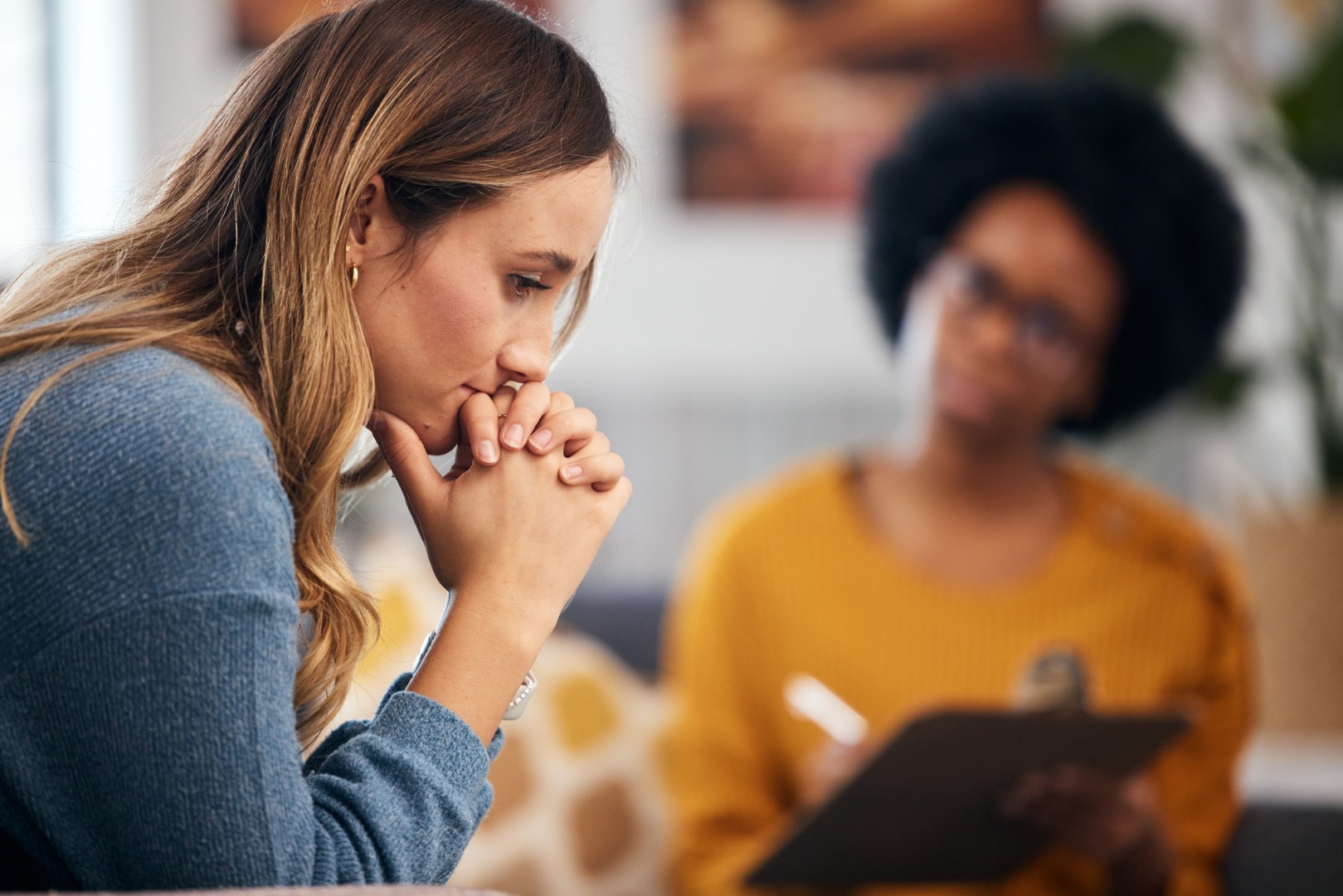 Woman thinking, stress and therapy by psychologist